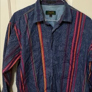 Vintage Alexander Julian Multicolor Striped Blue Button-Down Shirt
